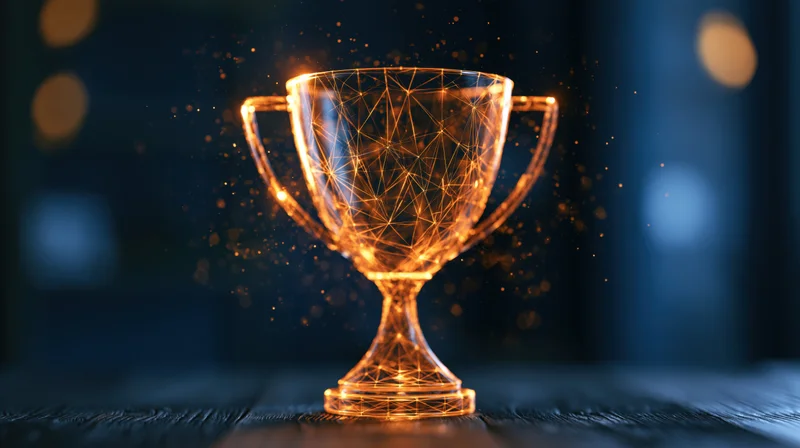 Glowing wireframe trophy cup on dark wooden surface with sparkling particles and bokeh background