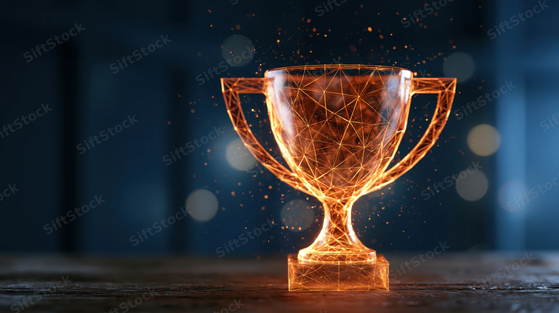Glowing wireframe trophy on dark wooden surface with floating sparks