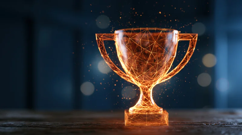 Glowing wireframe trophy on dark wooden surface with floating sparks