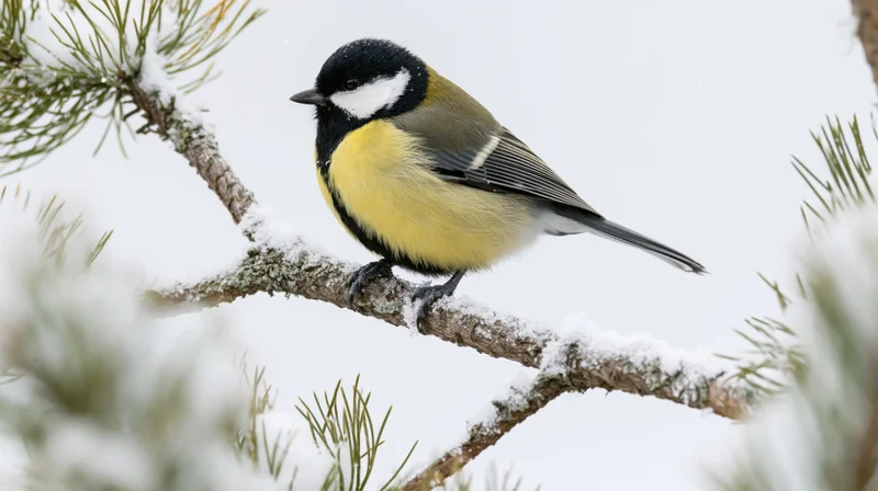 Great tit perched on snow-dusted pine branch in winter forest
