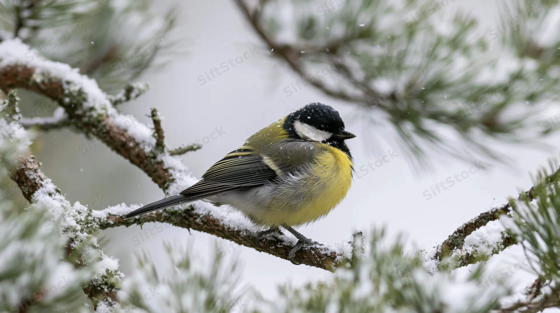 Great tit perched on snow-dusted pine branch in winter forest
