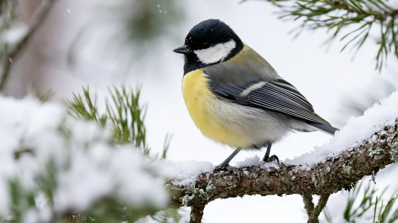 Great tit perched on snow-dusted pine branch in winter forest