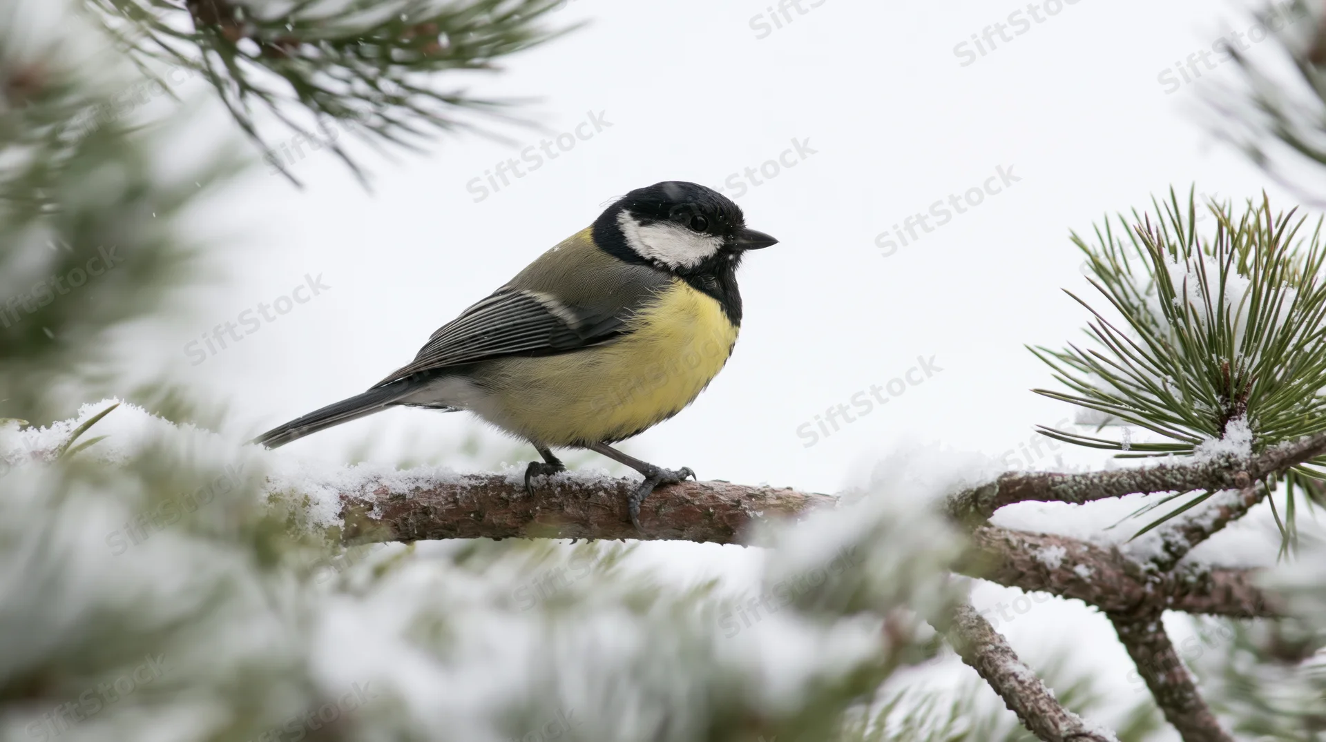 Great tit perched on snow-dusted pine branch in winter forest