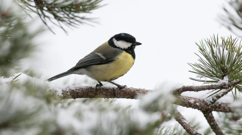 Great tit perched on snow-dusted pine branch in winter forest