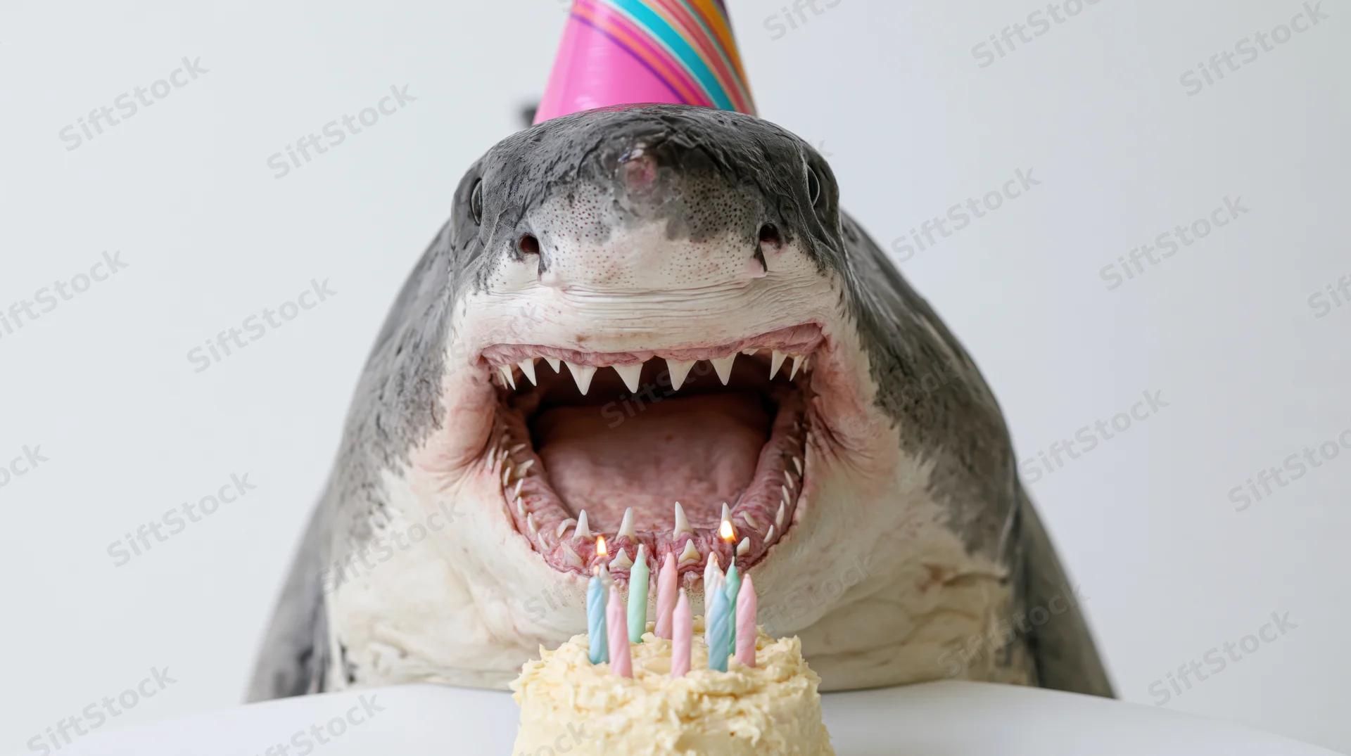 Great white shark wearing a party hat with open mouth in front of a birthday cake with lit candles
