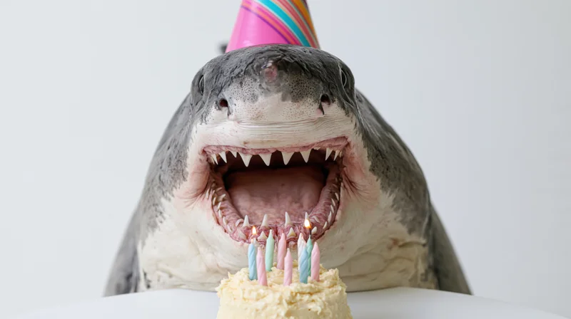 Great white shark wearing a party hat with open mouth in front of a birthday cake with lit candles