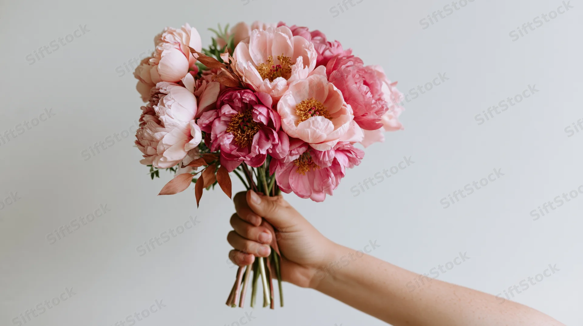 Hand holding a bouquet of pink peonies against a plain background