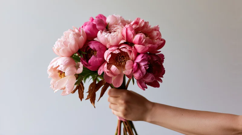 Hand holding a bouquet of pink peonies against a light background