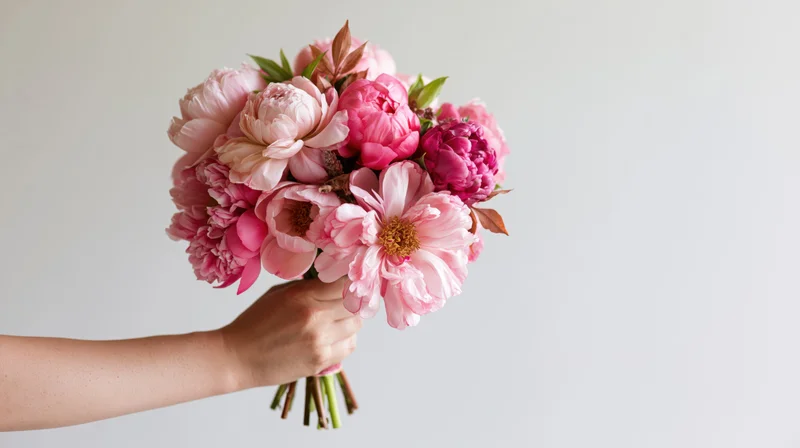 Hand holding a bouquet of pink peonies against a white background