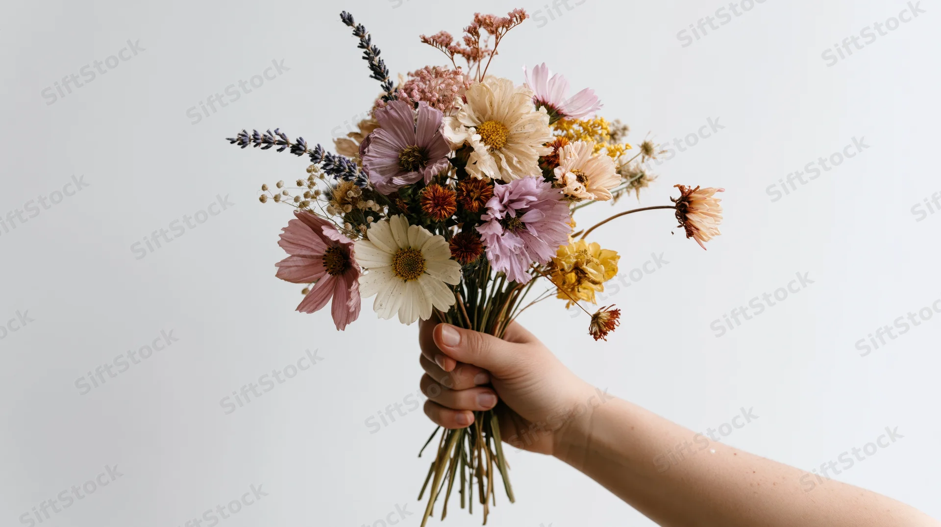 Hand holding a loose bouquet of dried wildflowers against a plain white background