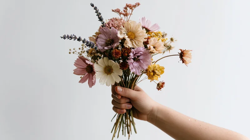 Hand holding up a wildflower bouquet against a plain background