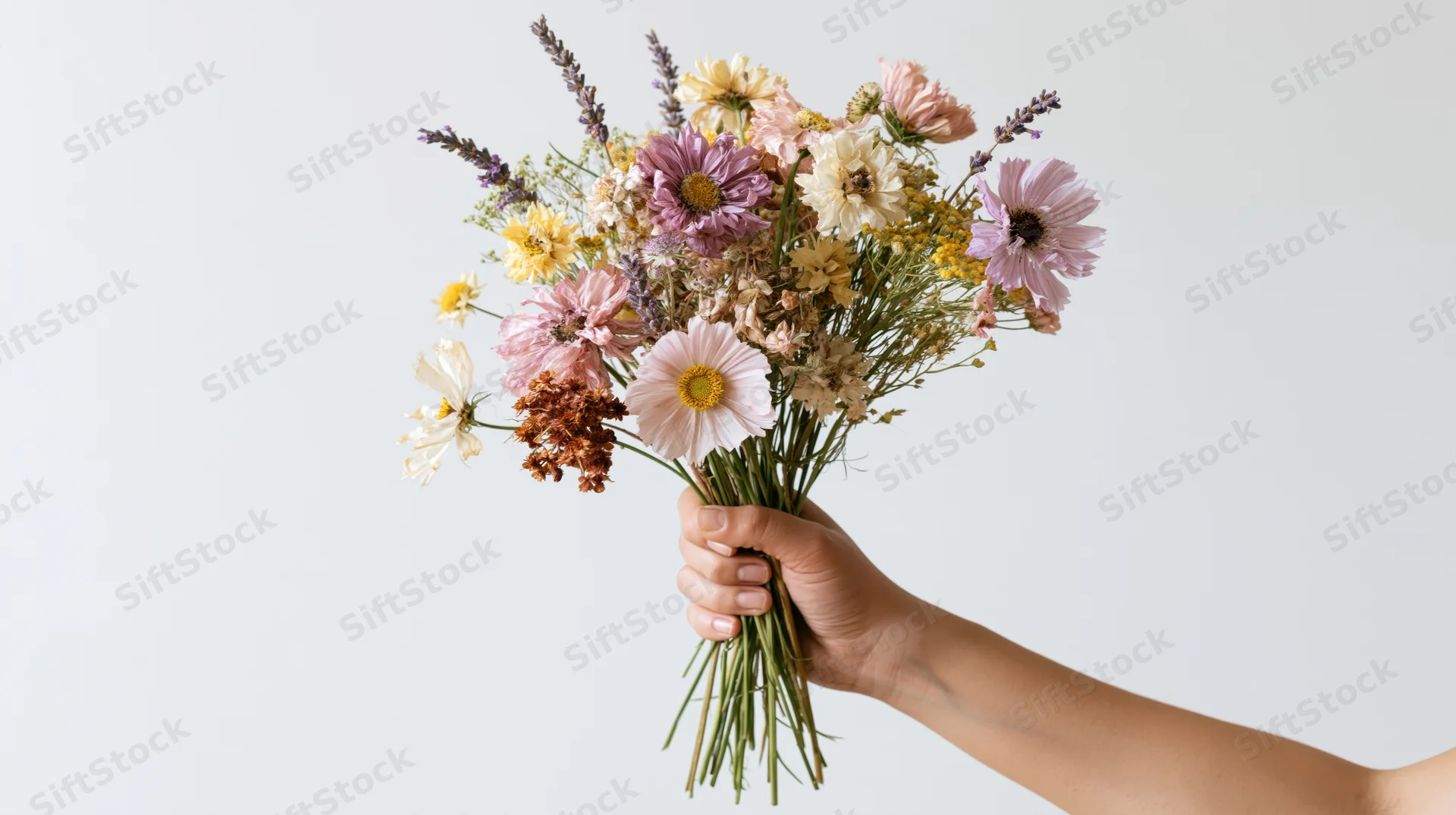 Hand holding a loose bouquet of dried wildflowers against a plain background
