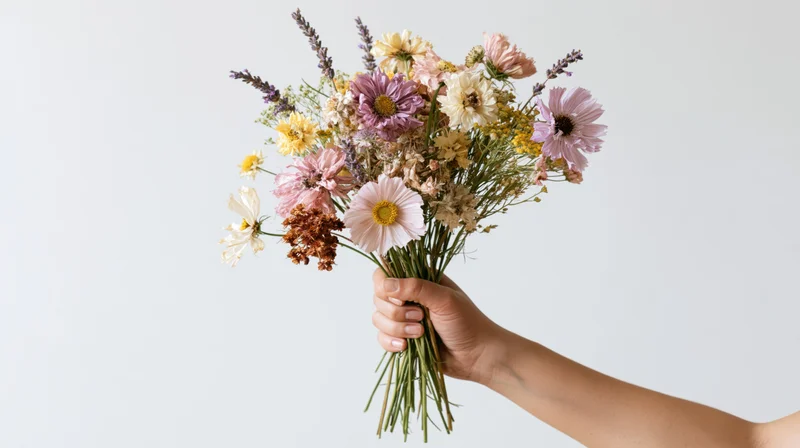Hand holding a loose bouquet of dried wildflowers against a plain background
