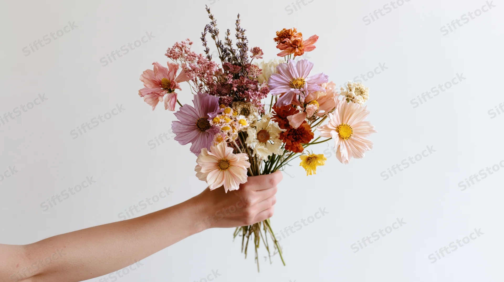 Hand holding a loose wildflower bouquet against a plain white background