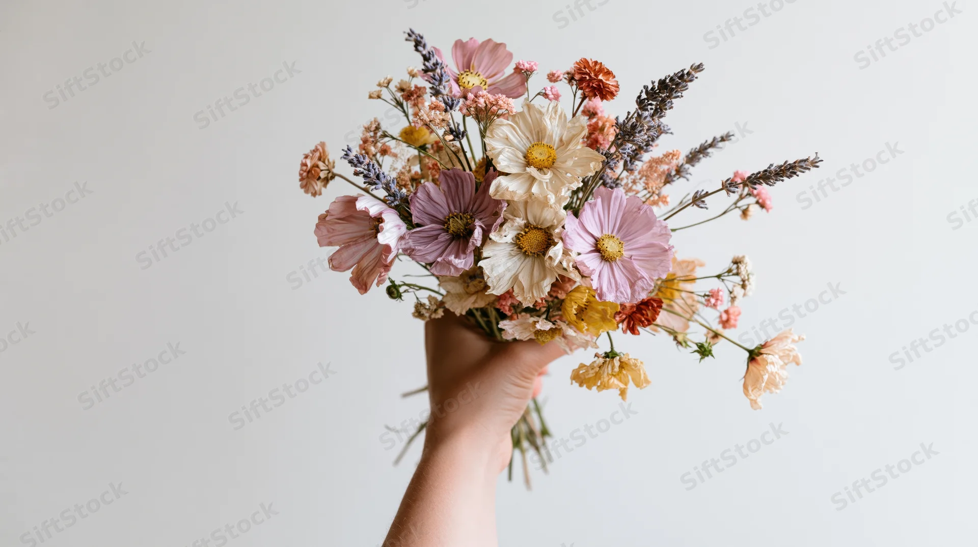 Hand holding a loose dried wildflower bouquet against a plain white background