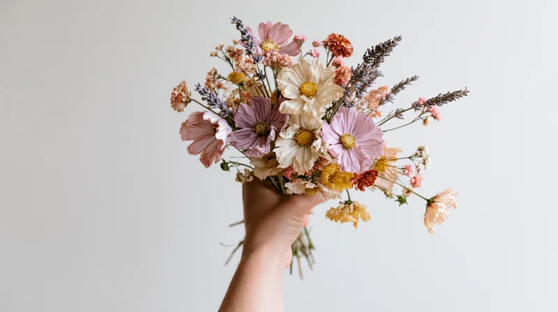 Hand holding a loose dried wildflower bouquet against a plain white background