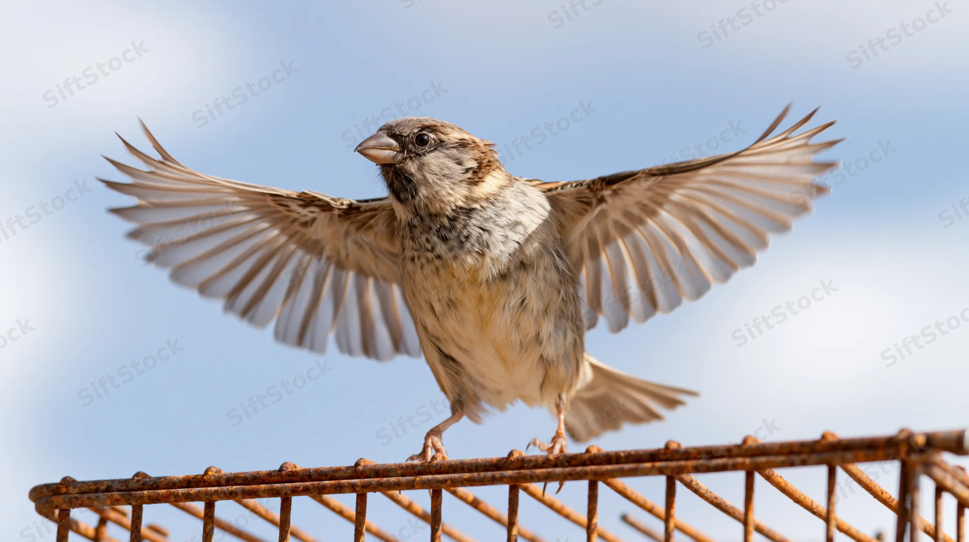 House sparrow with wings spread landing on rusty metal cage against blue sky