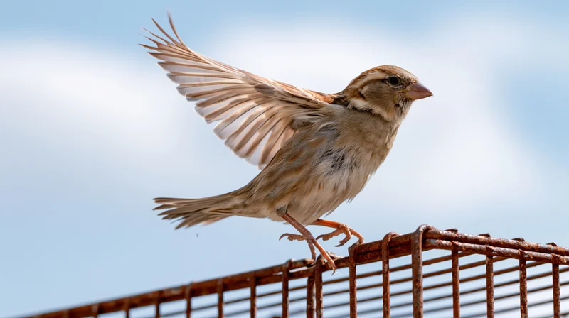 House sparrow mid-flight landing on rusty metal fence against blue sky