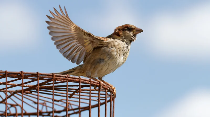 Sparrow with wings spread perched on rusty metal cage against blue sky