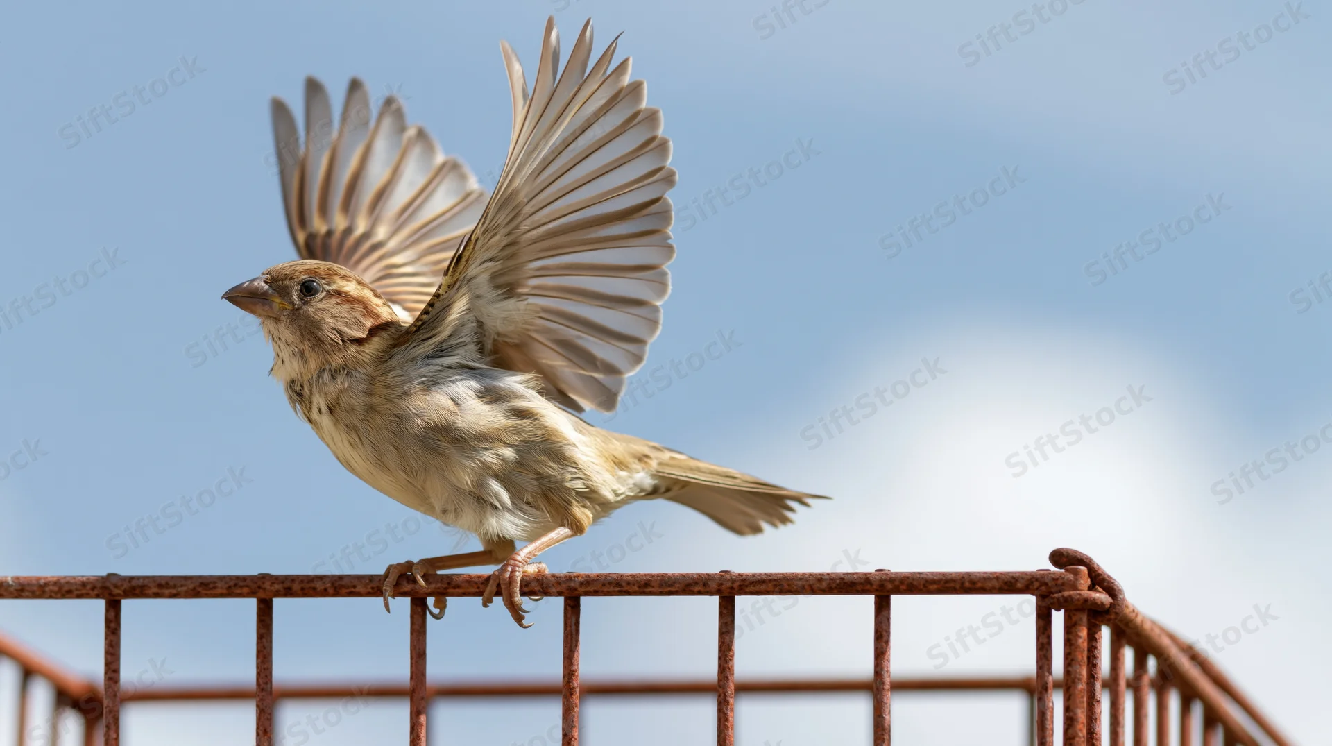 House sparrow midflight with wings spread perched on rusty metal railing against blue sky