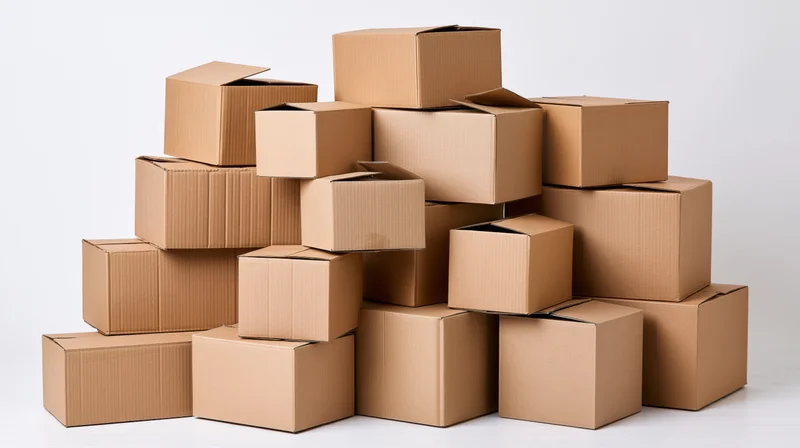 Stack of brown corrugated cardboard boxes arranged in a pile on a white surface