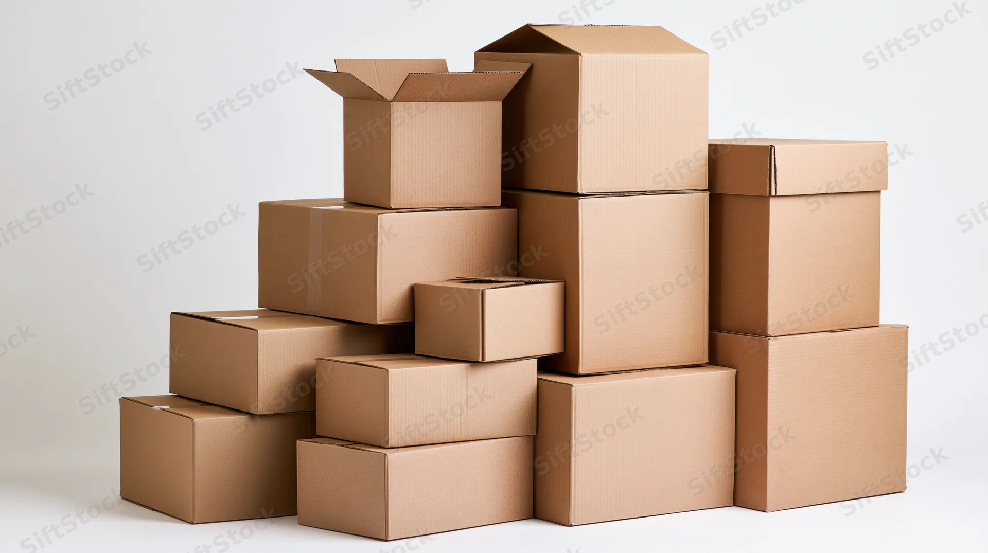 Stack of brown cardboard boxes arranged in a pile on a white surface