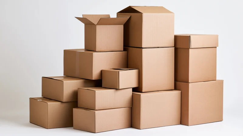 Stack of brown cardboard boxes arranged in a pile on a white surface