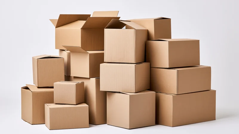 Stack of brown corrugated cardboard boxes arranged in a pile on a white background