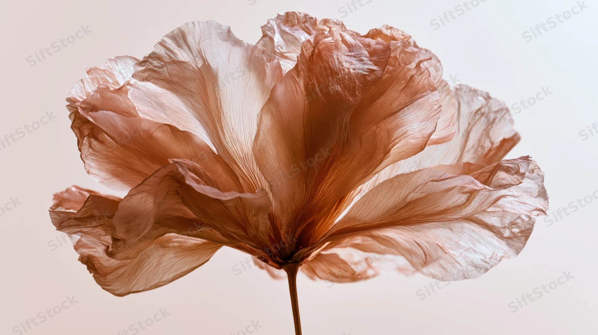Dried peony flower with translucent copper-toned petals against a light background