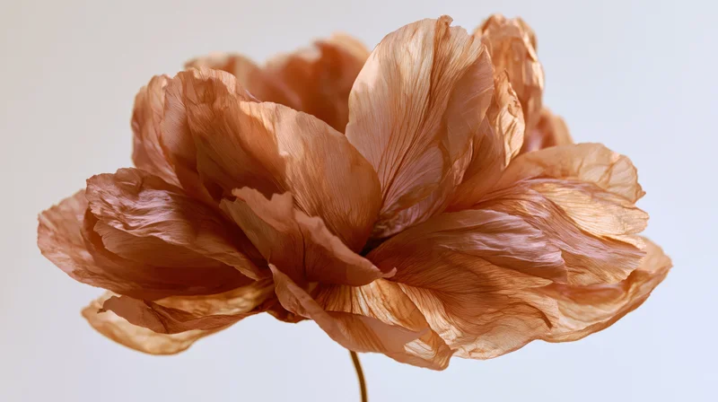 Dried peony flower with translucent copper-toned petals in closeup view against light background