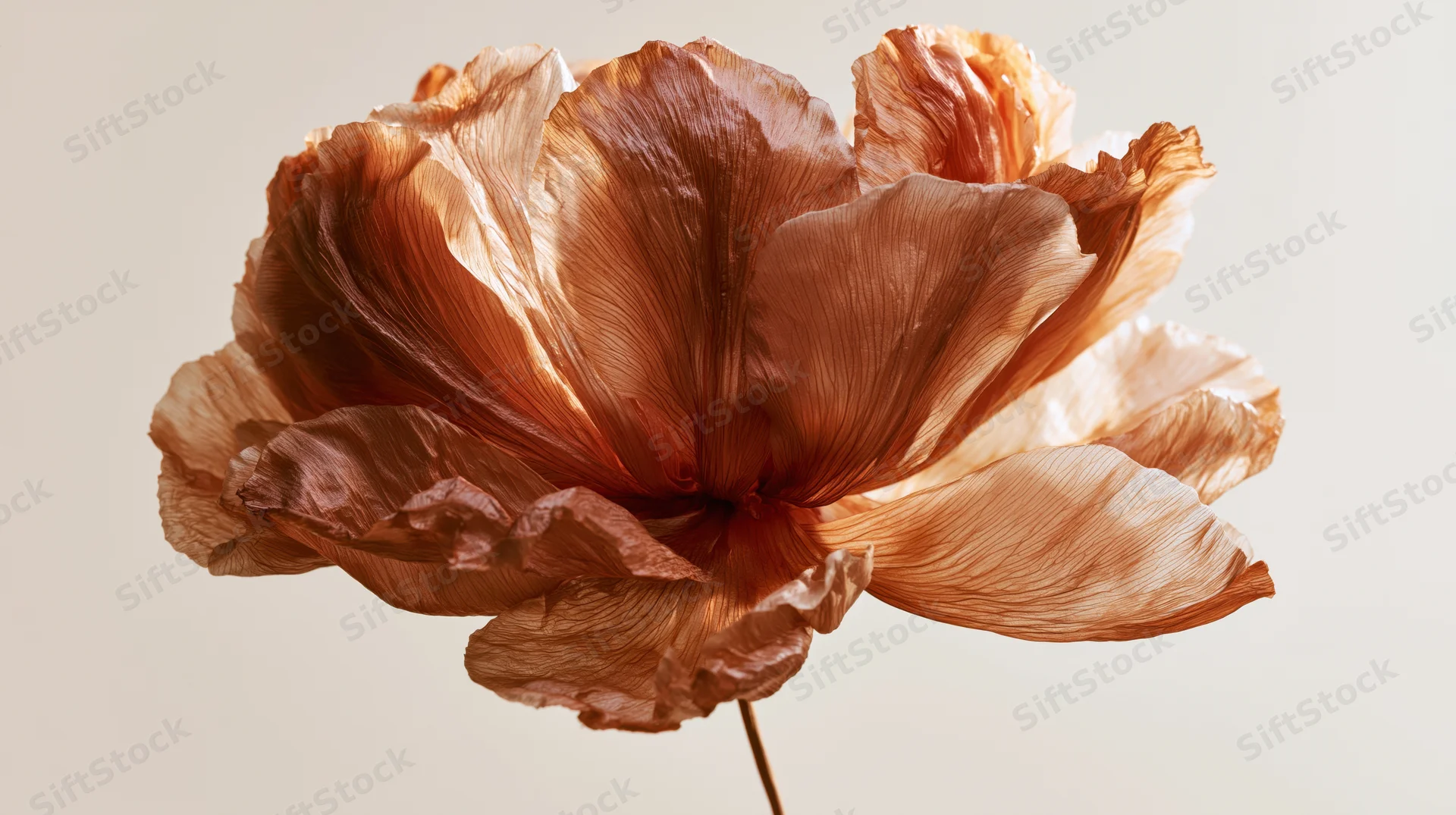 Dried peony flower with translucent copper-toned petals against a light background