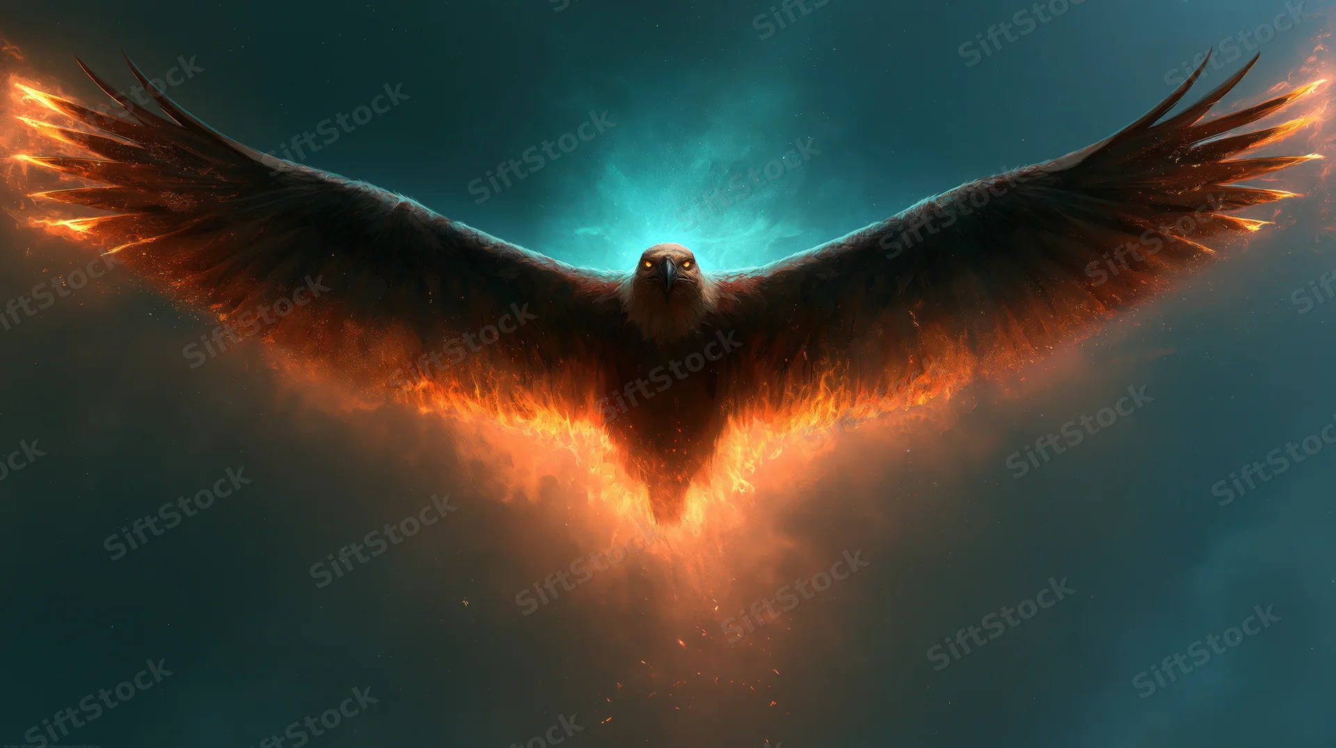 Eagle with wings spread soaring toward viewer engulfed in flames against dark sky
