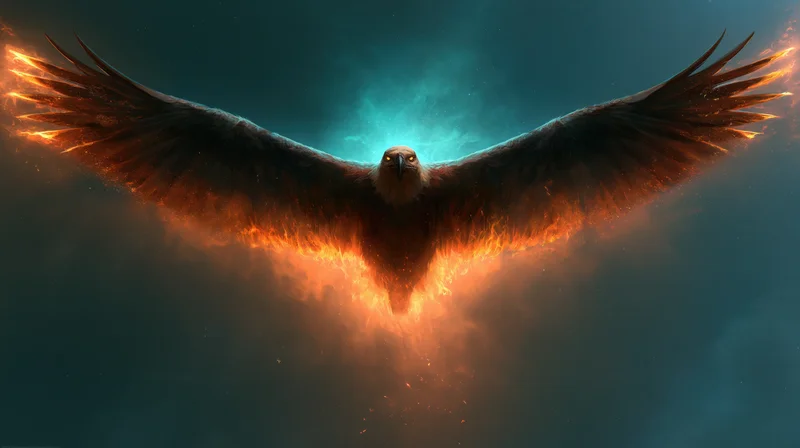 Eagle with wings spread soaring toward viewer engulfed in flames against dark sky