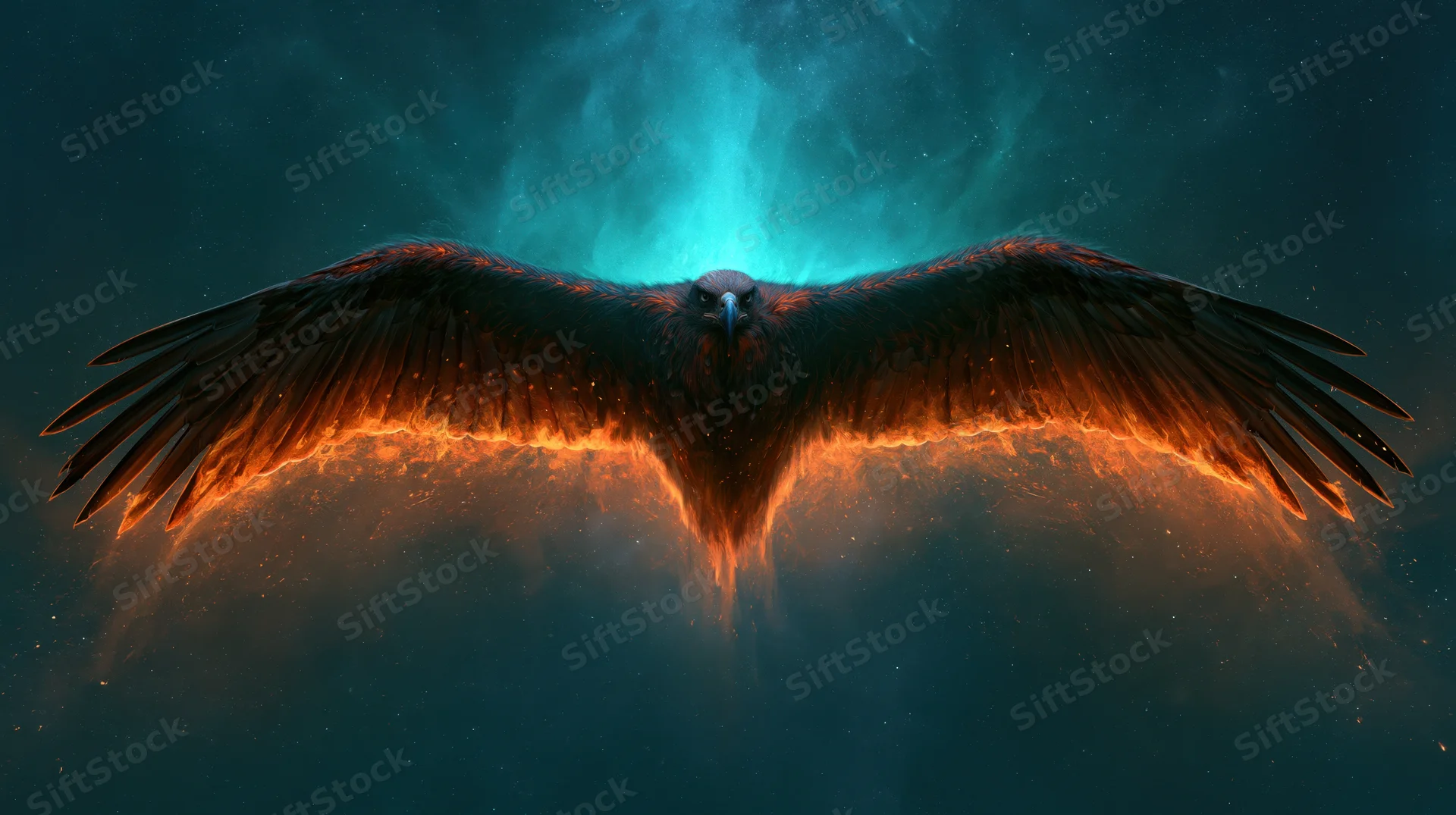 Eagle with full wingspan soaring toward viewer in cosmic nebula backdrop