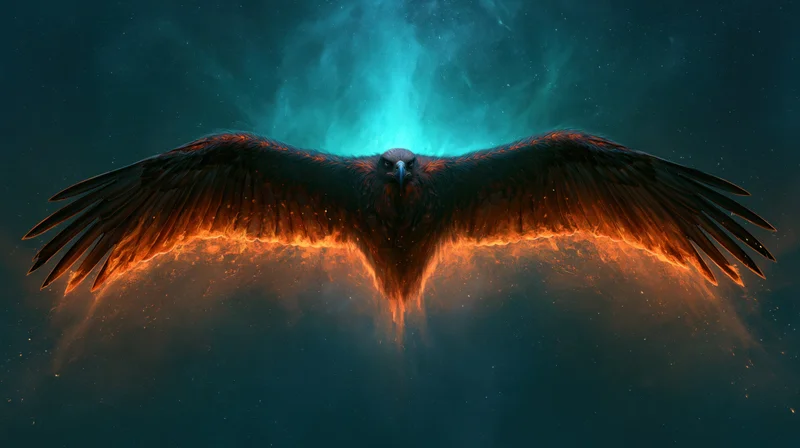 Eagle with full wingspan soaring toward viewer in cosmic nebula backdrop