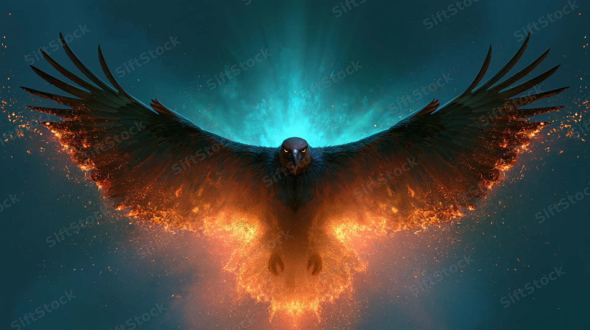 Eagle with outstretched wings engulfed in flames soaring toward viewer against dark blue sky
