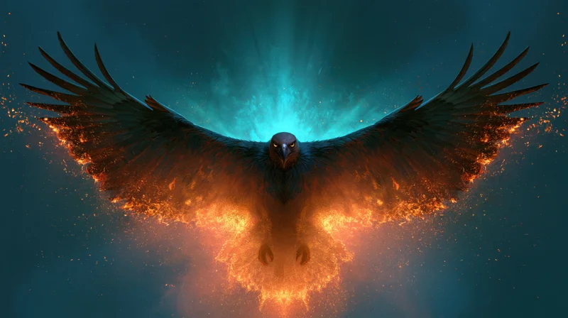 Eagle with outstretched wings engulfed in flames soaring toward viewer against dark blue sky