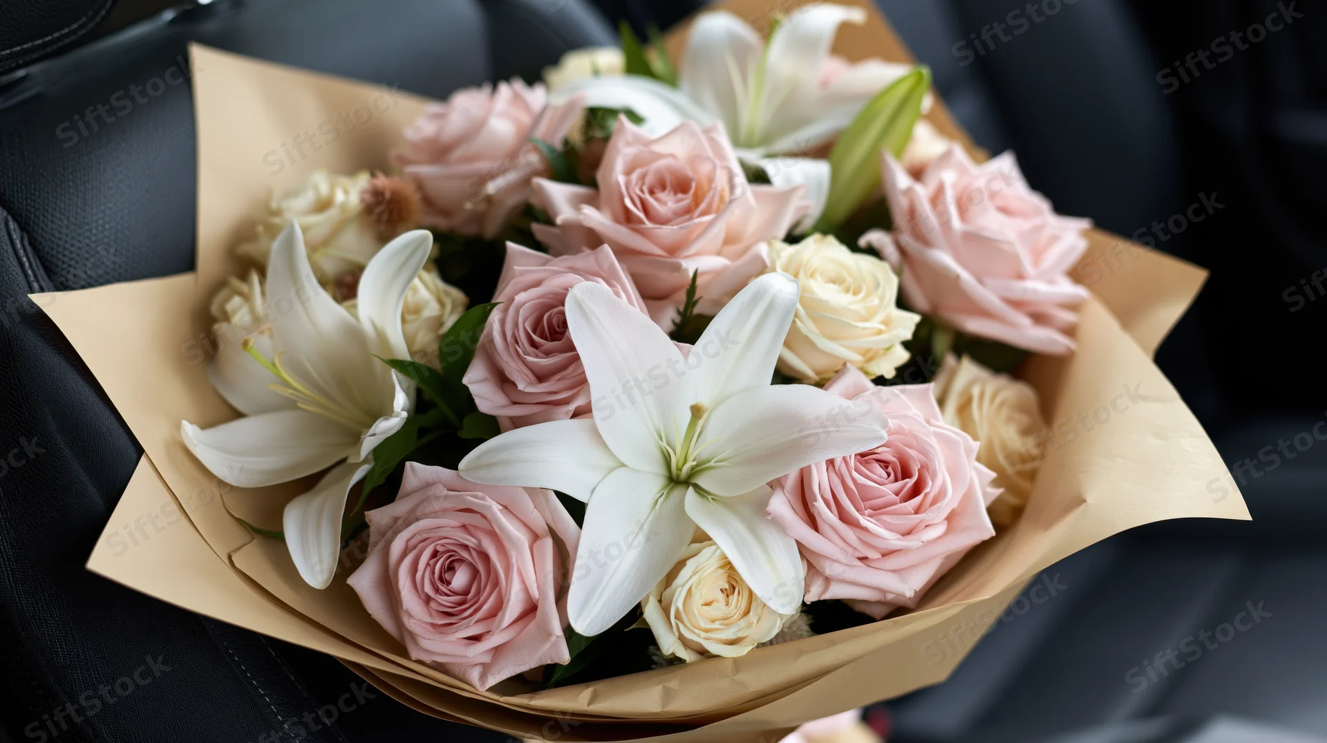 Bouquet of pink roses and white lilies wrapped in kraft paper resting on a car seat