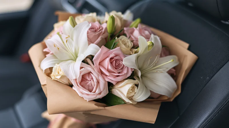 Floral bouquet of pink roses and white lilies wrapped in kraft paper resting on car seat