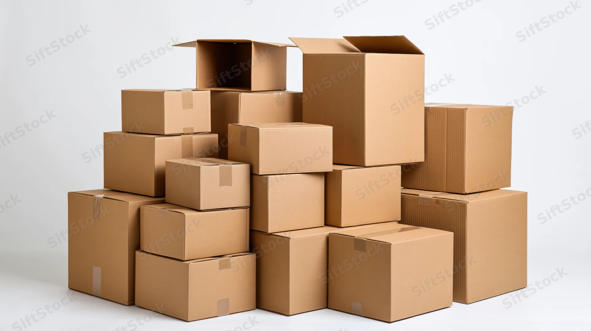 Stack of assorted cardboard shipping boxes piled together on white background