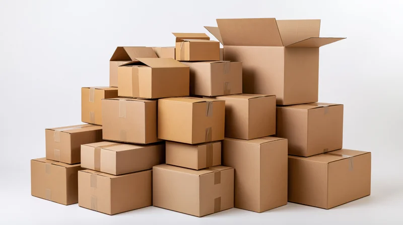 Stack of assorted cardboard shipping boxes piled together on white background