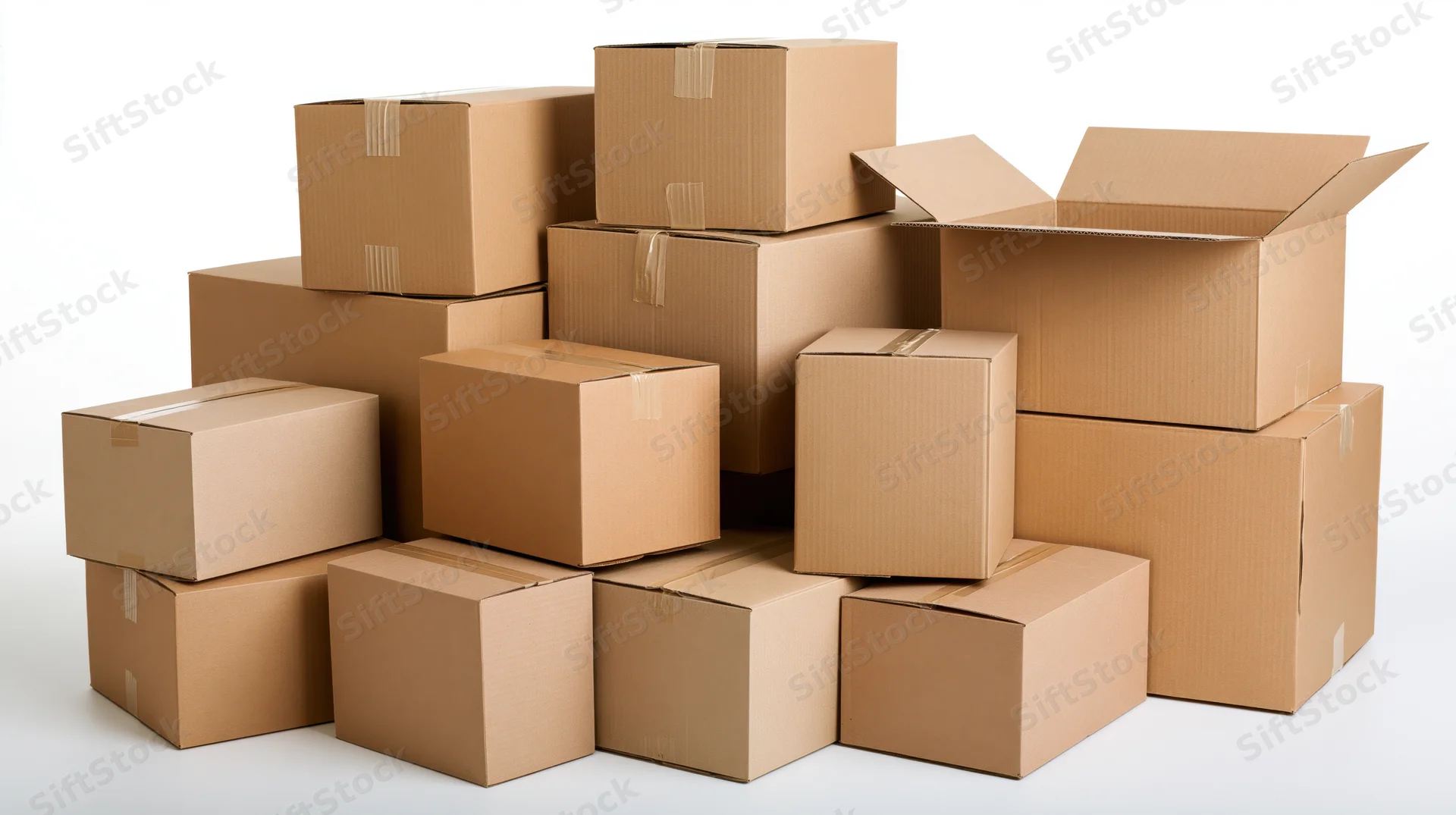 Assorted cardboard shipping boxes stacked in a pile on a white background