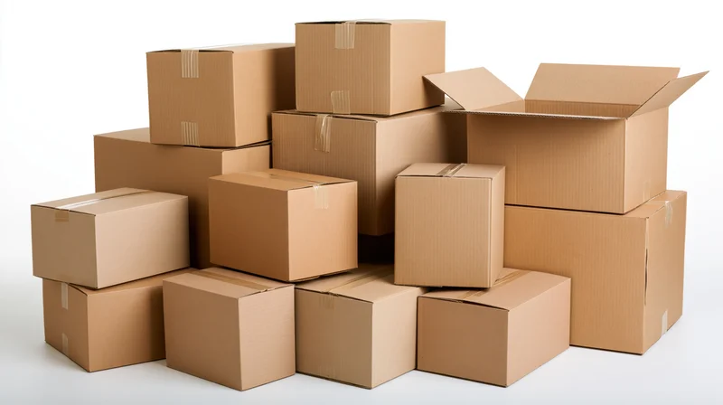 Assorted cardboard shipping boxes stacked in a pile on a white background