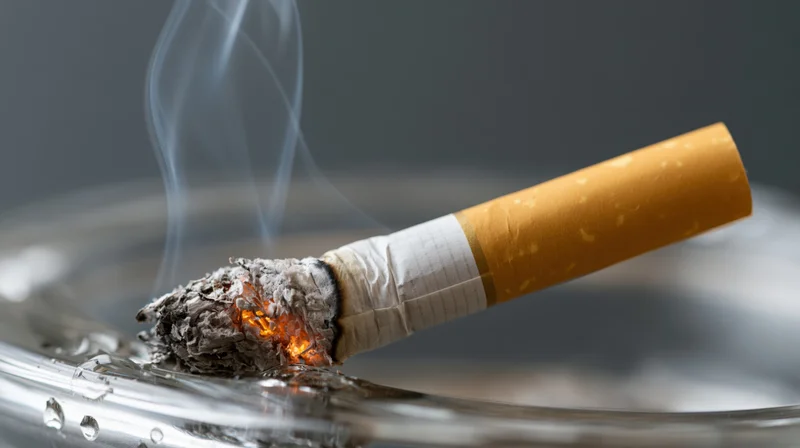 Lit cigarette being stubbed out in a glass ashtray with smoke rising and glowing ember visible