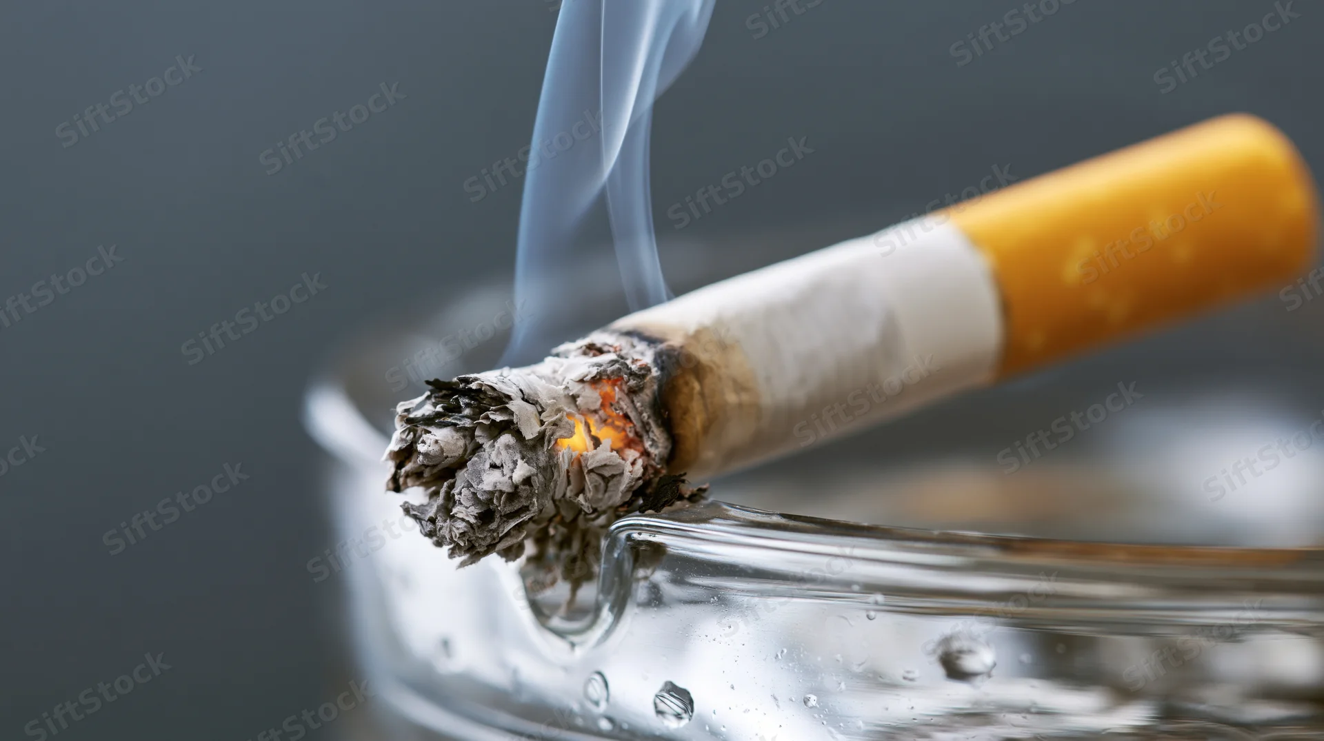 Lit cigarette with burning ember and rising smoke resting in a glass ashtray