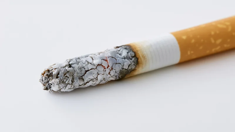 Lit cigarette with ash and ember in extreme close-up against white background