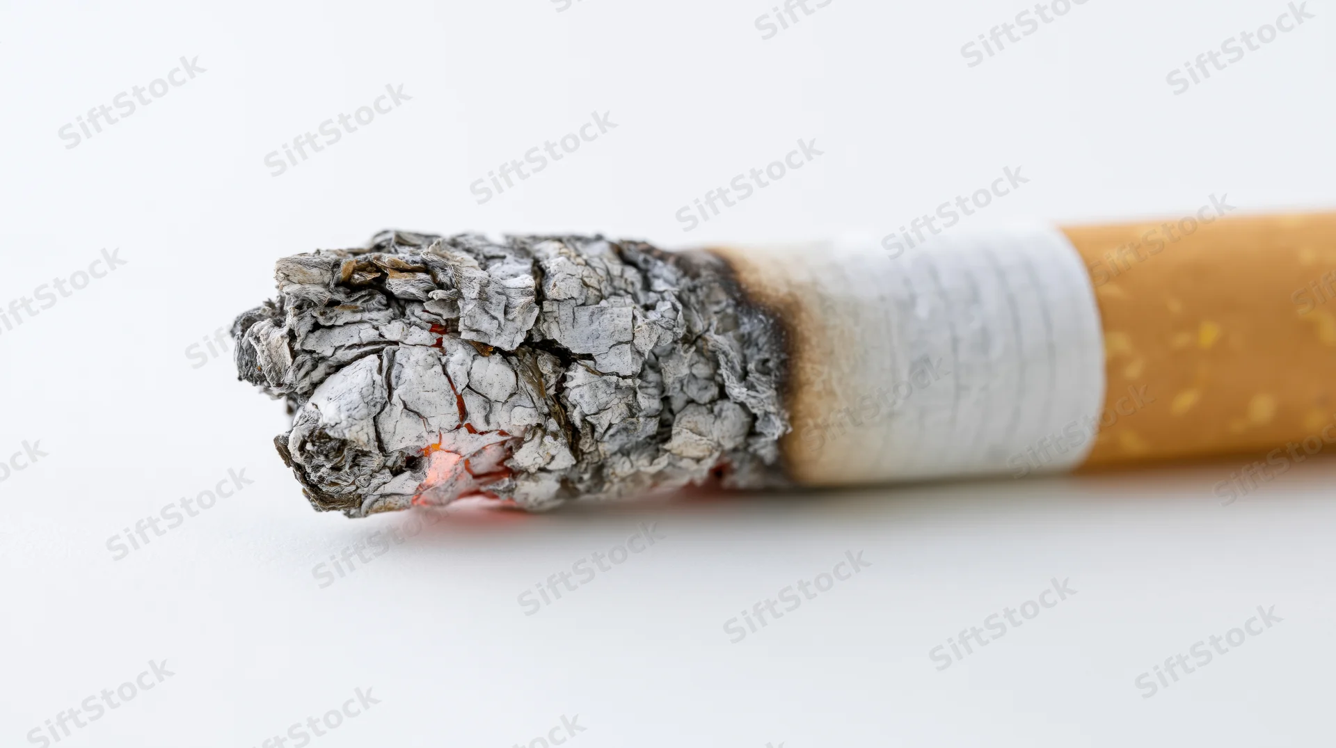 Lit cigarette burning with ash and ember in extreme close-up against white background