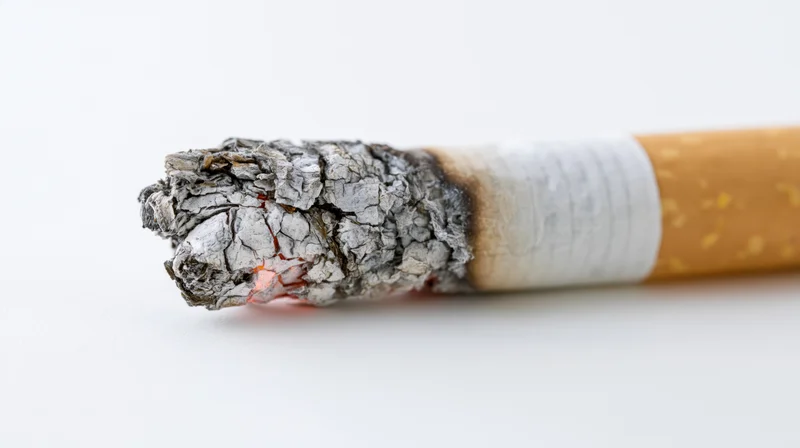 Lit cigarette burning with ash and ember in extreme close-up against white background