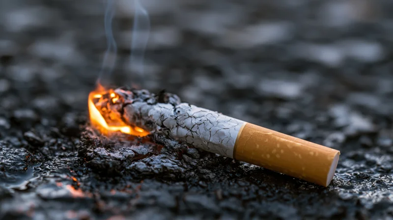Lit cigarette burning on dark wet asphalt with orange flame and smoke