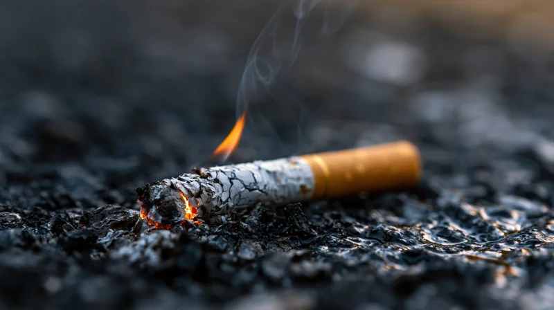 Lit cigarette burning on dark wet asphalt with orange flame and smoke